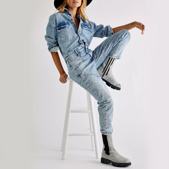 NWT MOTHER All In One Breaker Denim Jumpsuit Size L